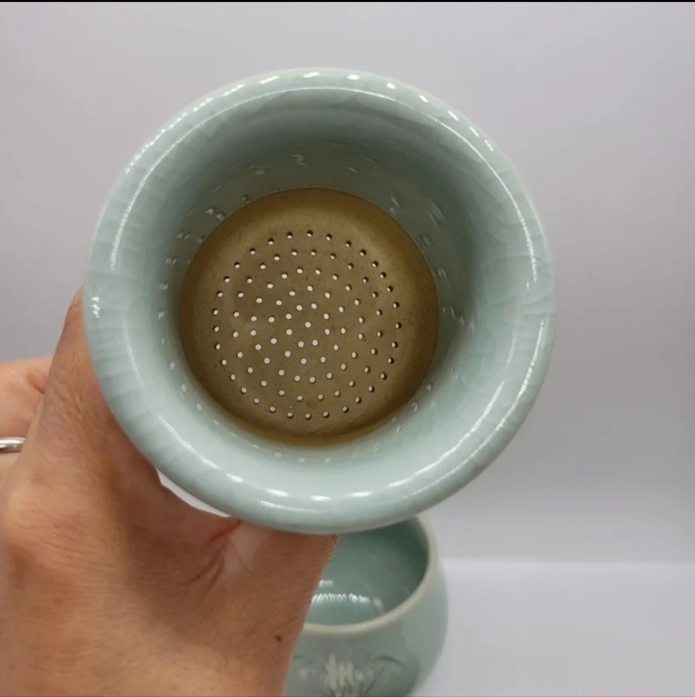 Korean Cyan Porcelain Inlaid Crane Cloud Lid Tea Set Cup Filter Infuser Light Gr - Picture 5 of 8